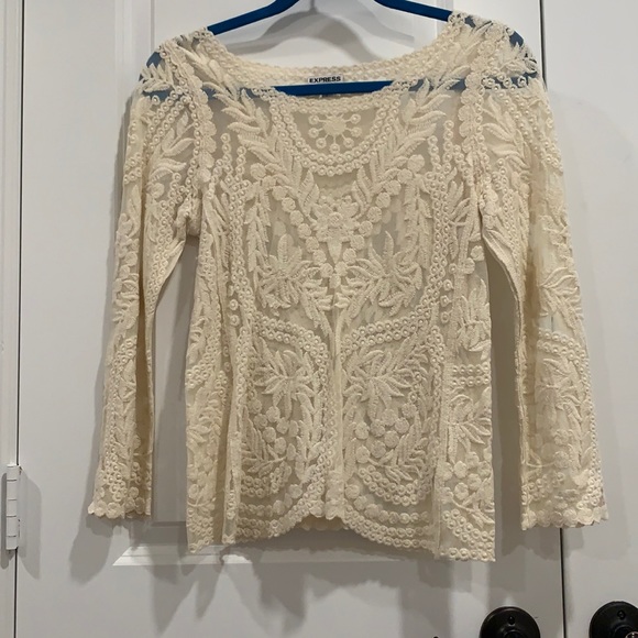 Express Sheer Cream ¾ Length Blouse with Lace Detail (size small) - Picture 2 of 5